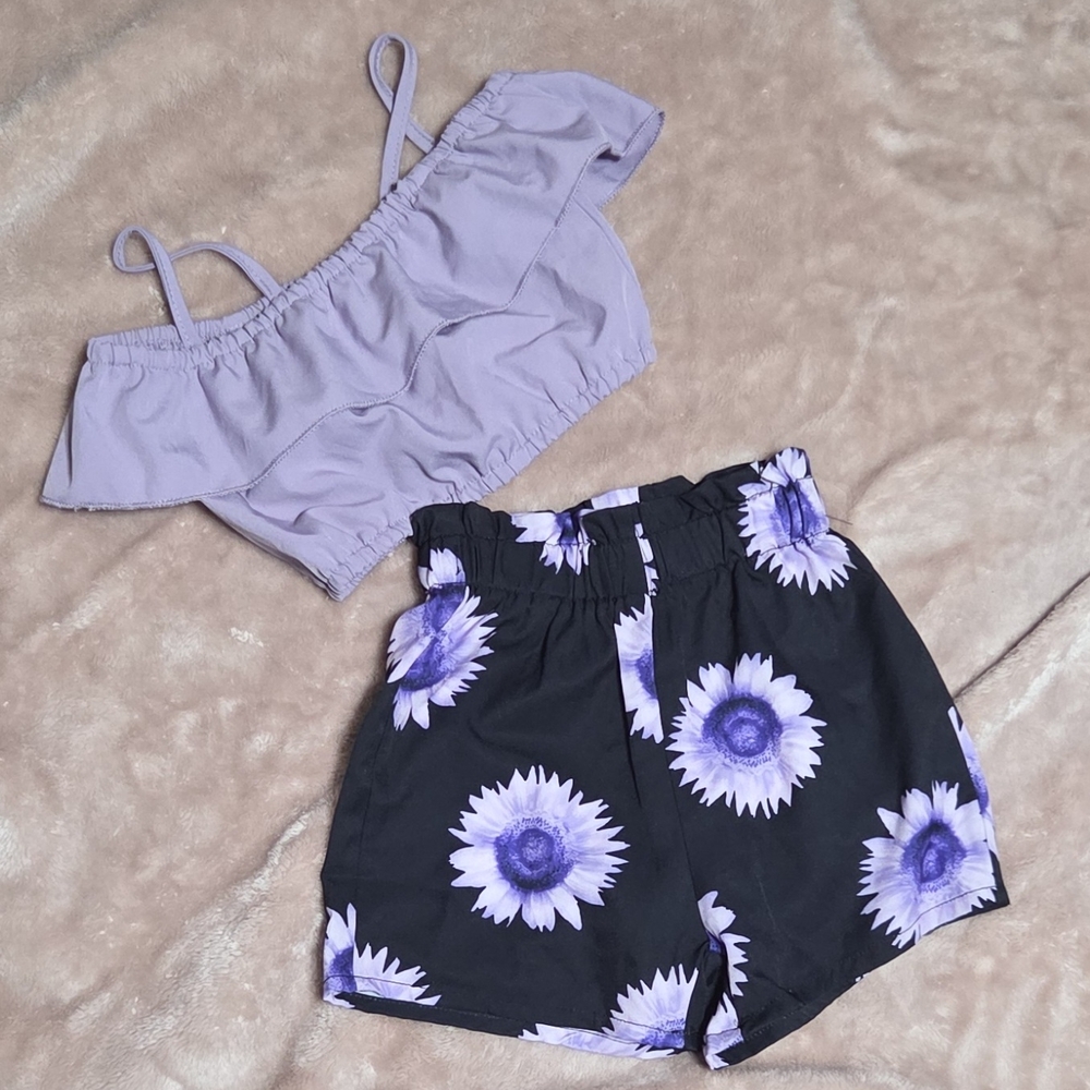 Purple Off-Shoulder Top and Floral Shorts Set For Girls Size 4T
